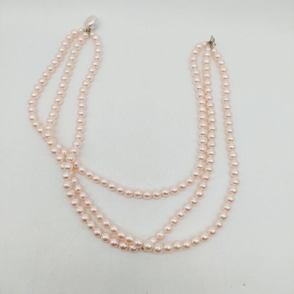 Vintage Faux Pink Pearl 3 Strand Choker Necklace 12”-14” Made In Japan - Picture 6 of 6